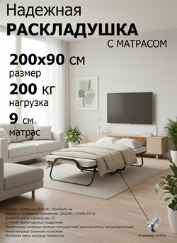 Раскладушка / складная кровать Элеонора NEW, цвет ОРЕХ, металл. колеса, 200 x 90 см - фото 134581
